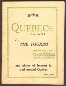Brochure touristique Quebec Canada to the Tourist. Montmorency Falls, Ste. Anne de Beaupre, The North Shore, Etc. and places of Interest in and around Quebec. Elle a été publiée en 1932 par le garage Frontenac.