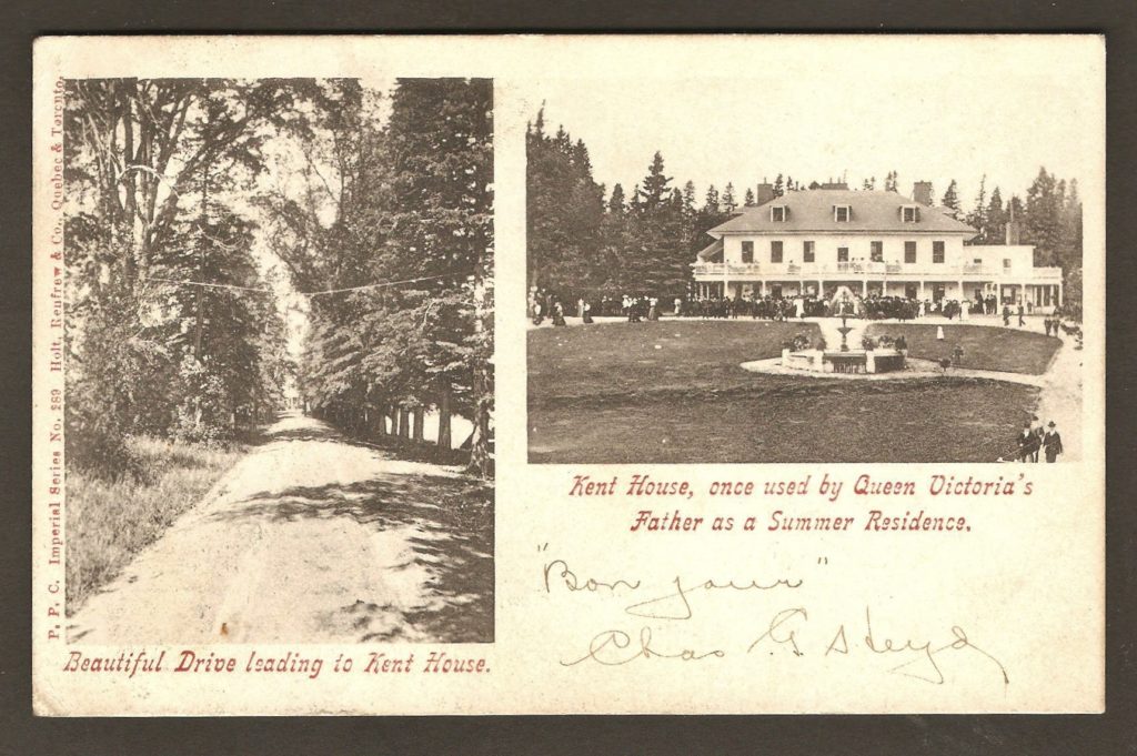 Chute Montmorency : carte postale postée en 1904, et comportant deux photos: l'allée menant au Kent House et l'hôtel.