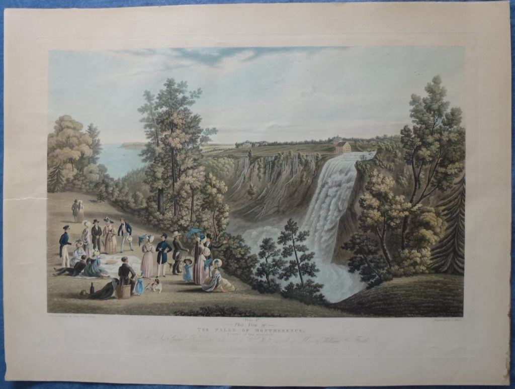 Pique-nique à la chute chute Montmorency. Une magnifique gravure datant de 1833: The Falls of of Montmorency, (Quebec in Distance) par C. Hunt, d'après un desssin de James Patterson Cockburn.