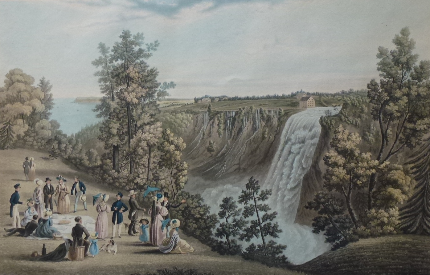 Pique-nique à la chute Montmorency. Gravure datant de 1833: The Falls of of Montmorency, (Quebec in Distance) par C. Hunt, d’après un desssin de James Cockburn.
