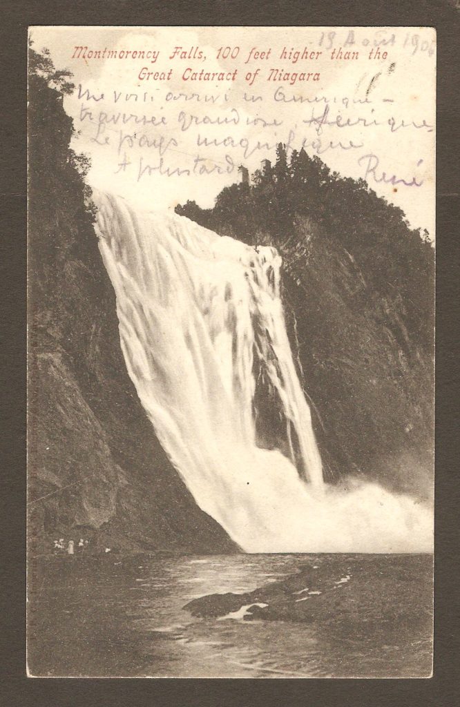De la correspondance : carte postale de la chute Montmorency avec cachet postal Montmorency Falls, daté du 17 juillet 1903.