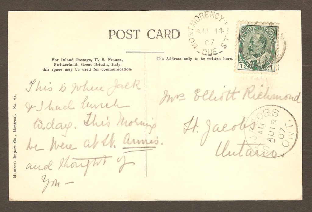 De la correspondance et chute Montmorency : carte postale avec cachet postaul Montmorency Falls datée respectivement du 14 août 1907.