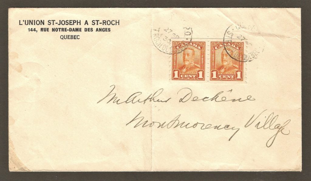De la correspondance et chute Montmorency : lettre adressée à M. Arthur Déchêne, à Montmorency Village, expédiée le 27 septembre 1930 par L'Union St-Joseph à St-Roch de Québec. Le cachet de réception, au verso, indique qu'elle est arrivée à destination le jour même.