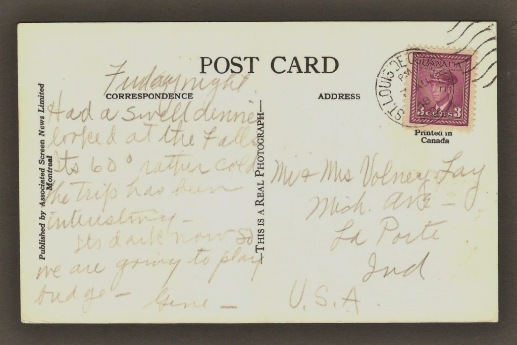 De la correspondance chute Montmorency. Carte postale avec un cachet d'oblitération très net de Saint-Louis-de-Courville portant la date 3 août 1948.