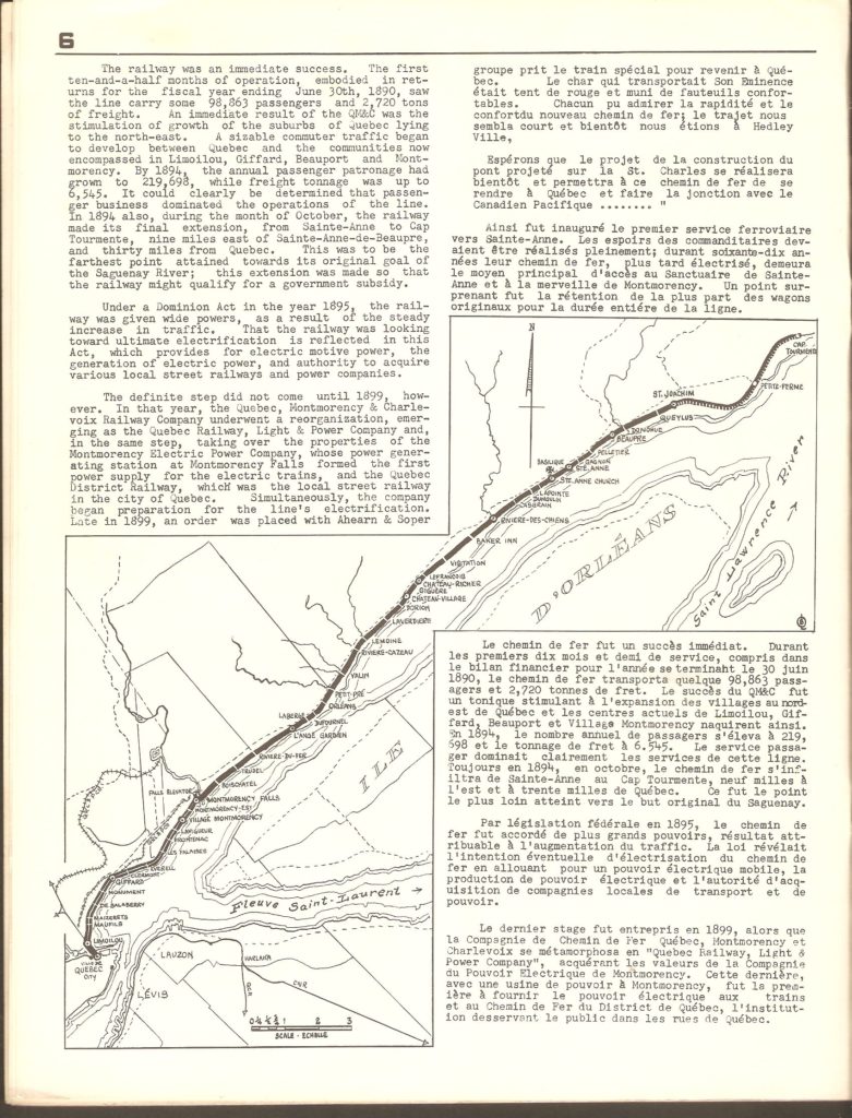 Brochure Chemin de fer de la bonne sainte Anne, publiée vers 1960 par Omer S.A. Lavallée. Il s'agissait d'une publication bilingue qui, selon le résumé de la couverture, présentait une «histoire illustrée des soixante-dix années de service ferroviaire sur la Côte de Beaupré» (de 1889 à 1959).