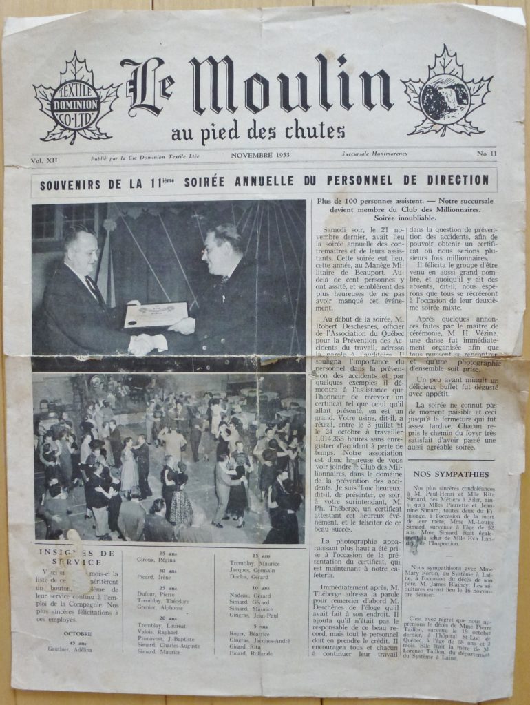 Le journal mensuel Le Moulin au pied des chutes, qui était publié par la succursale de Montmorency de la compagnie Dominion Textile. Il s'agit ici du numéro 12, volume XII, c'est-à-dire celui de décembre 1953.