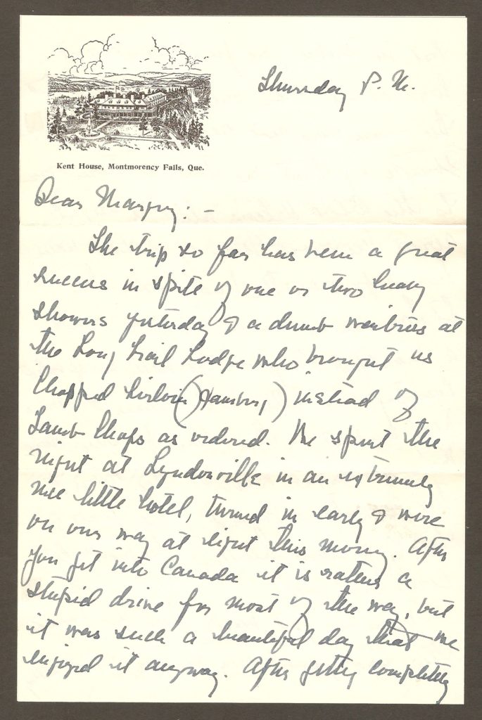 De la correspondance. Papier à lettre à en-tête de l'hôtel Kent House, chute Montmorency.