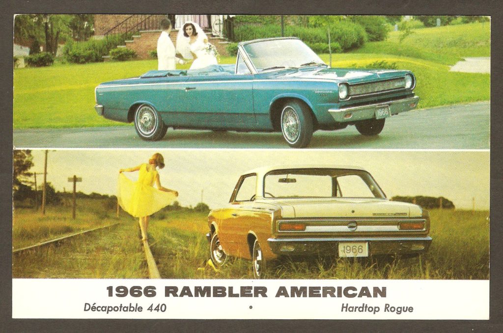Une carte postale publicitaire adressée à un monsieur habitant au 2324 Larue, à Courville, en 1966. On y fait la promotion de la Rambler 1966, de American Motors, c'est-à-dire des versions décapotable 440 et Hardtop Rogue.