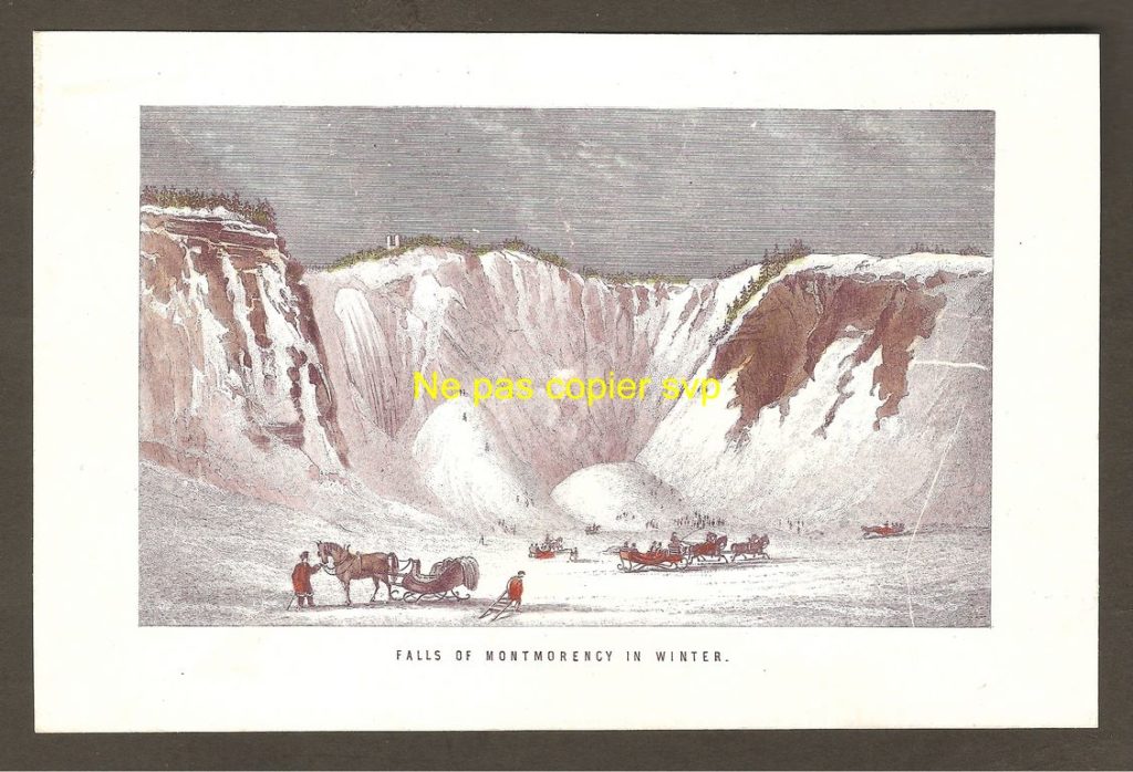 Gravure miniature « Falls of Montmorency in Winter » montrant la chute Montmorency dans une gangue de glace (on peut croire qu'il fait alors très froid). On remarque qu'il y a un double pain de sucre. On peut également plusieurs traîneaux ainsi que de nombreux glisseurs.