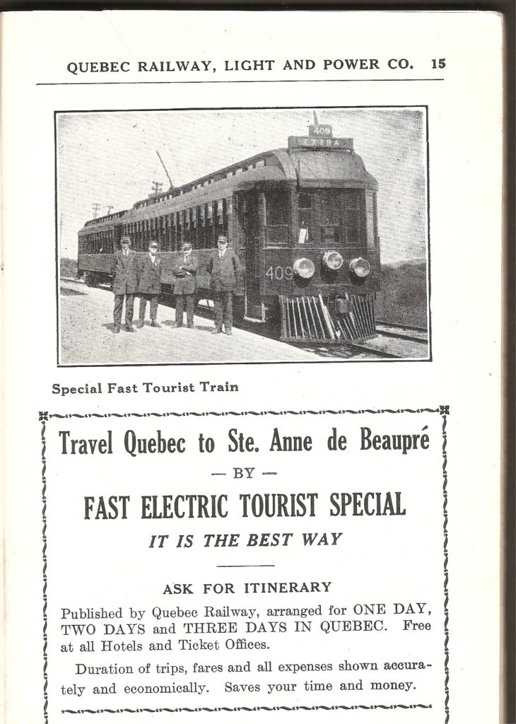 Une publicité pour le tramway vers Sainte-Anne-de-Beaupré, provenant également de la même brochure de la Quebec Railway Light & Power Co.