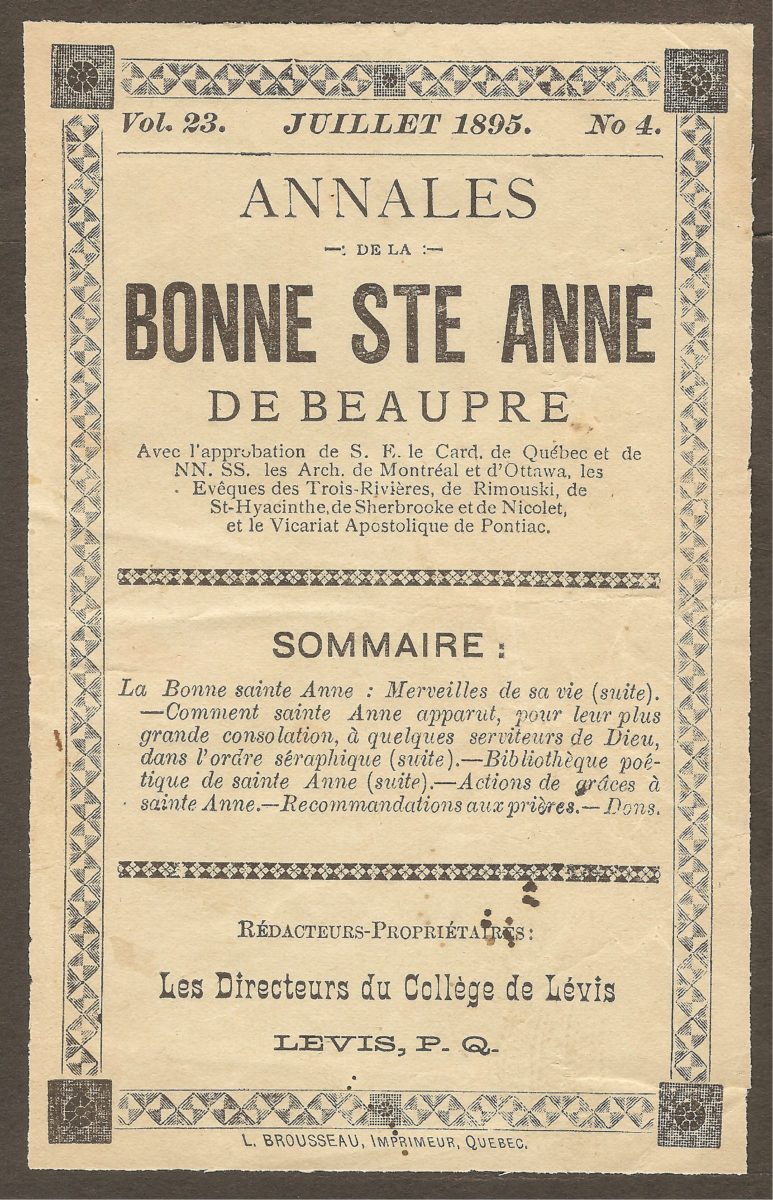 La couverture du numéro des Annales de la Bonne Sainte Anne de Beaupré, d'où la publicité pour la Quebec, Montmorency & Charlevoix Railway provient. Il s'agit du numéro de juillet 1895 (Vol. 23, No. 4).