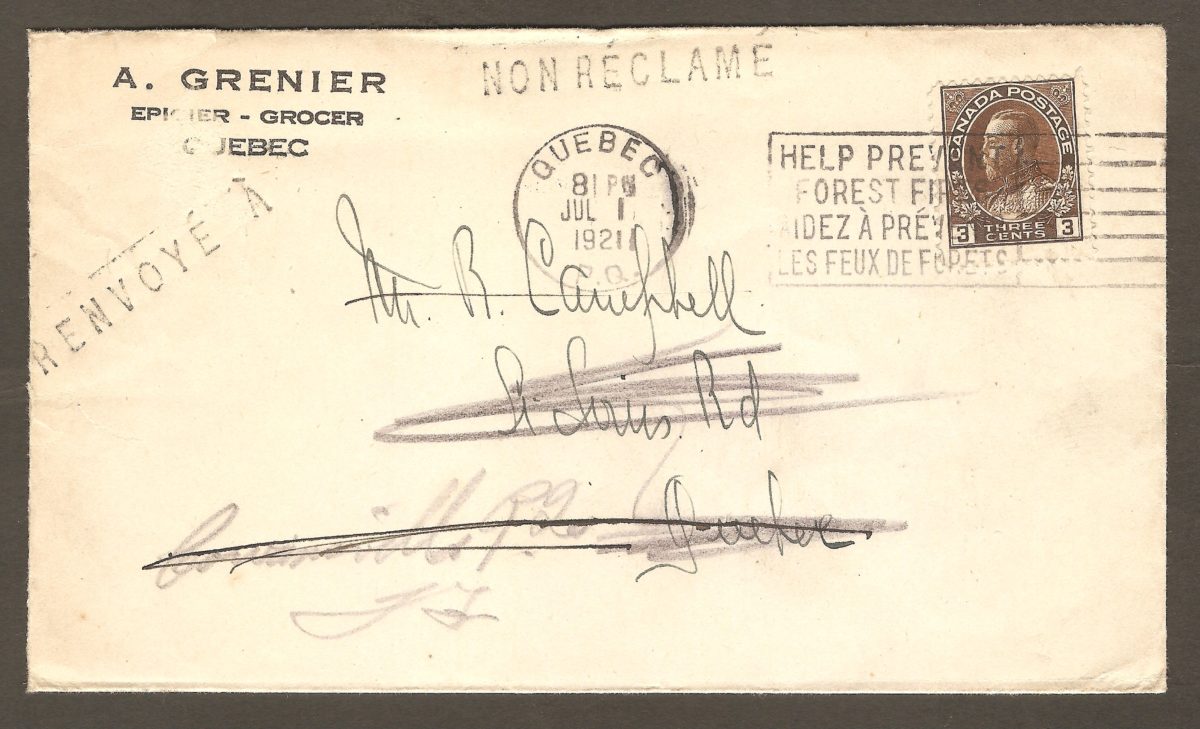 Enveloppe de A. Grenier, avec cachet postal du 1er juillet 1921. L'adresse du destinataire, R, Campbell, est sur le chemin Saint-Louis (St Louis Rd), à Québec. Les employés de la poste n'ayant pas trouvé cette personne à cette adresse, quelqu'un a inscrit «Courville PQ» sur l'enveloppe, au crayon de plomb. Il faut dire que l’épicier A. Grenier était un fournisseur régulier de l'usine Montmills de la Montmorency Lumber Company, qui se trouvait à l'emplacement de l'actuel camping de Beauport.