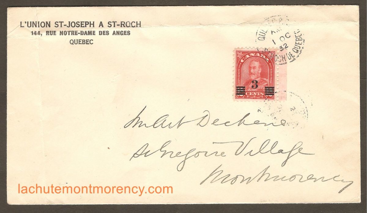 Une Troisième lettre adressée à M. Arthur Déchêne, habitant à Montmorency Village. Elle a été expédiée le 1er octobre 1932, de L'Union St-Joseph, à St-Roch. Le cachet de réception, au verso, confirme qu'elle est arrivée à destination le même jour .