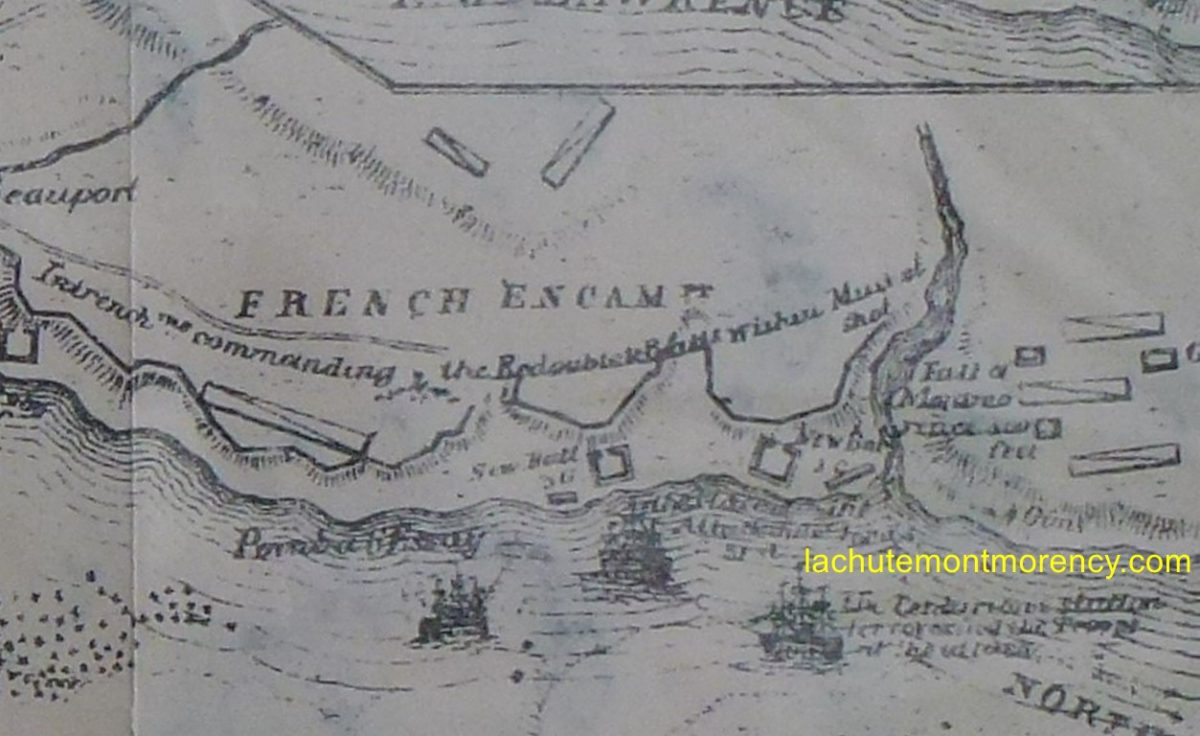 Une portion de la gravure où on peut notamment observer une redoute - de forme carrée - se trouvant près de la base de la chute Montmorency. Celle-ci a été brièvement prise par les assaillants au cours de la bataille de Montmorency. On peut également observer l'ensemble des retranchements français de la côte de Beauport.